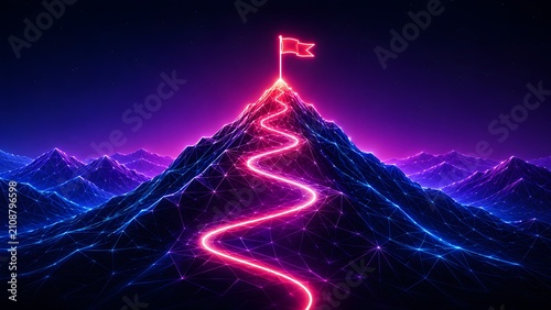 Neon glowing path winding up mountain peak with red flag at top. Concept of career success and goal achievement for corporate strategy.