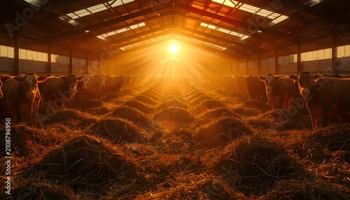 Cattle herd inside a large dairy barn during golden sunset