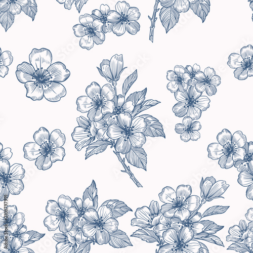 Fashion floral seamless vector fabric pattern with apple blooming flowers, toile de jouy vintage design