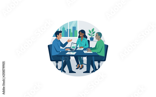 Diverse business people in a meeting discussing charts on a laptop