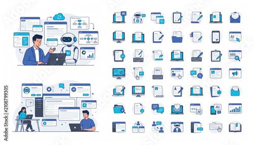 AI Robotic Assistant Flat Vector Illustration Set with Digital Transformation, Business Automation, Smart Workflow and Enterprise Technology Concepts