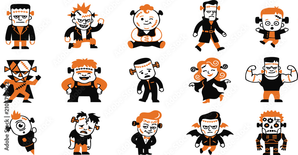 Fototapeta premium Halloween monster icon set frankenstein mummy vampire and zombie characters