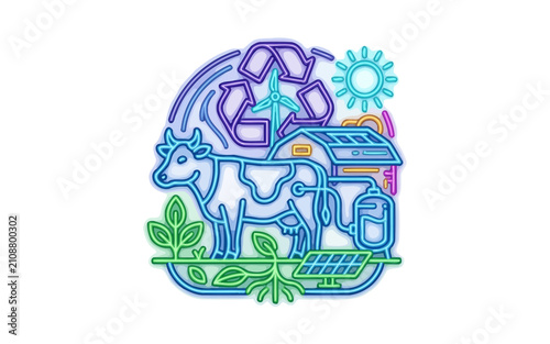 Sustainable Farm Illustration: Cow, Green Energy, Recycling