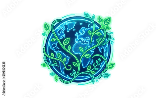 Earth Day illustration of planet Earth wrapped in green vines on black background