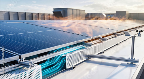 Rooftop solar panels with integrated cooling system. Photovoltaic array showing cyan airflow through perforated structure and orange heat dissipation
