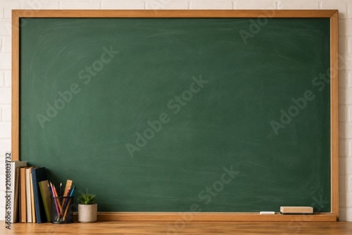  Blank green chalkboard in classroom with school supplies 