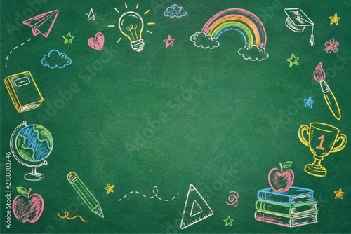 Colourful school chalkboard background with education doodles