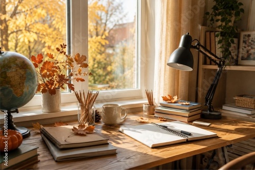   Cozy autumn home offfice workspace with natural light