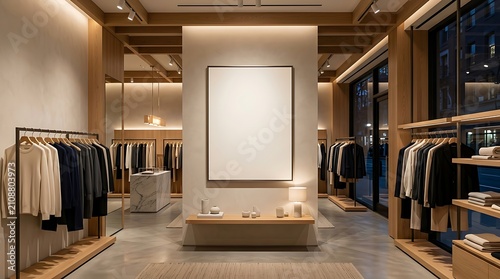 Modern clothing store interior with a large blank poster frame for branding or advertisement.