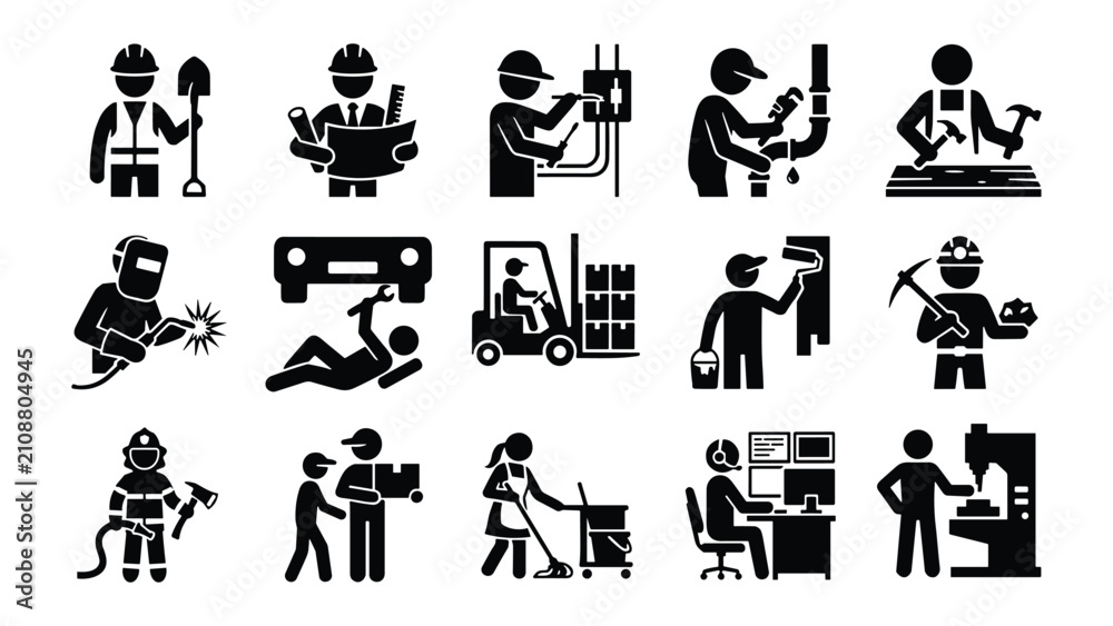 Obraz premium Construction and industrial worker pictogram icon set vector illustration