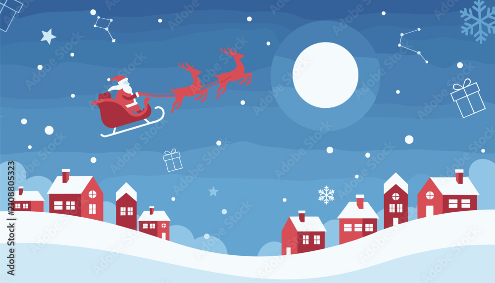 Naklejka premium Santa Claus flies his reindeer sleigh over a snowy village under a full moon in a serene winter night sky landscape.
