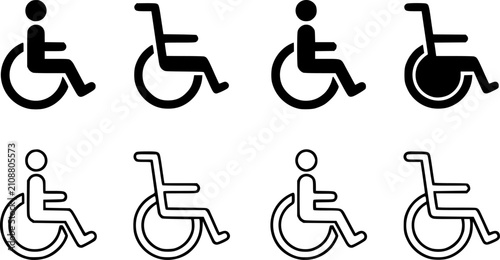 Blue wheelchair icon set in line and solid styles. Professional medical and accessibility symbols for graphic design and web interfaces.
