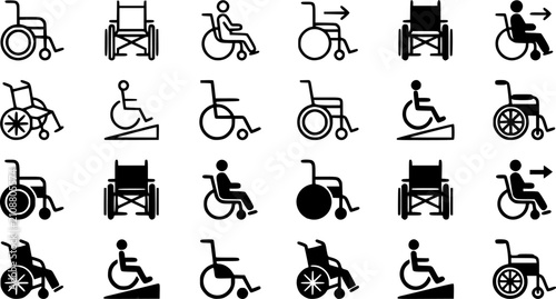 Blue wheelchair icon set in line and solid styles. Professional medical and accessibility symbols for graphic design and web interfaces.
