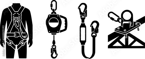 Set of black icons representing fall protection equipment, including a safety harness, self-retracting lifeline, lanyard, and roof anchor for construction and industrial safety.