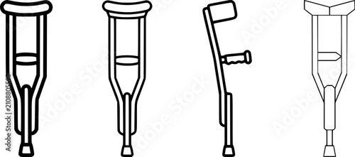Blue medical crutch icon set with four line variations. Professional symbols for healthcare, injury recovery, and disability accessibility design.

