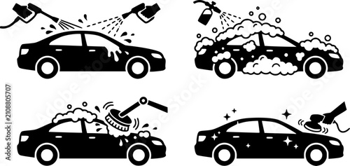 Vector icon set illustrating the car wash process: rinsing, soaping, scrubbing, and polishing. Minimalist flat design for auto cleaning services.
