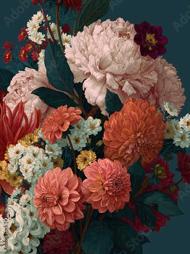 Vintage botanical illustration of a floral bouquet. Elegant pink peonies and orange dahlias on a dark teal background. Retro flower painting style