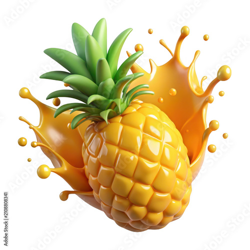 3D render pineapple with juice splash graphic