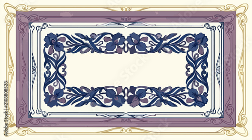Fotografía Rectangular Art Nouveau Border Vector Illustration with Stylized Blue Iris Flowe