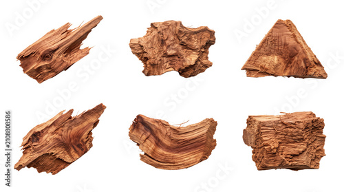 Natural cedar wood chip elements for gardening, smoking, crafts and rustic product branding. Isolated on White background.