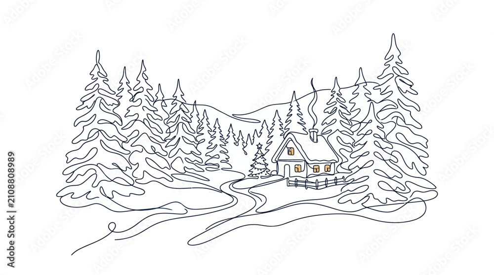 Naklejka premium One line drawing of a cozy winter cottage nestled in a snowy pine forest