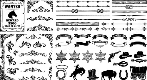 Old Western Design Elements Icon Set Embellishment Borders Divider Lines Scroll Ornate Flourish Wanted Poster Frame Banner Ribbon Rope Border Sheriff Star Barbed Wire Vector 