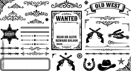 Old Western Design Elements Icon Set Embellishment Borders Divider Lines Scroll Ornate Flourish Wanted Poster Frame Banner Ribbon Rope Border Sheriff Star Barbed Wire Vector 