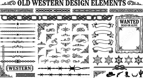 Old Western Design Elements Icon Set Embellishment Borders Divider Lines Scroll Ornate Flourish Wanted Poster Frame Banner Ribbon Rope Border Sheriff Star Barbed Wire Vector 
