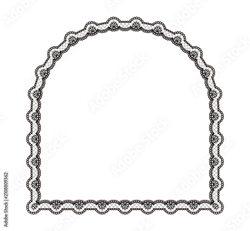 Black lattice flower lace with pink picot scallops shapes arched tombstone frame on ivory as Victorian crochet trim. ornament isolated for wedding invitation cards or romantic stationery layouts.