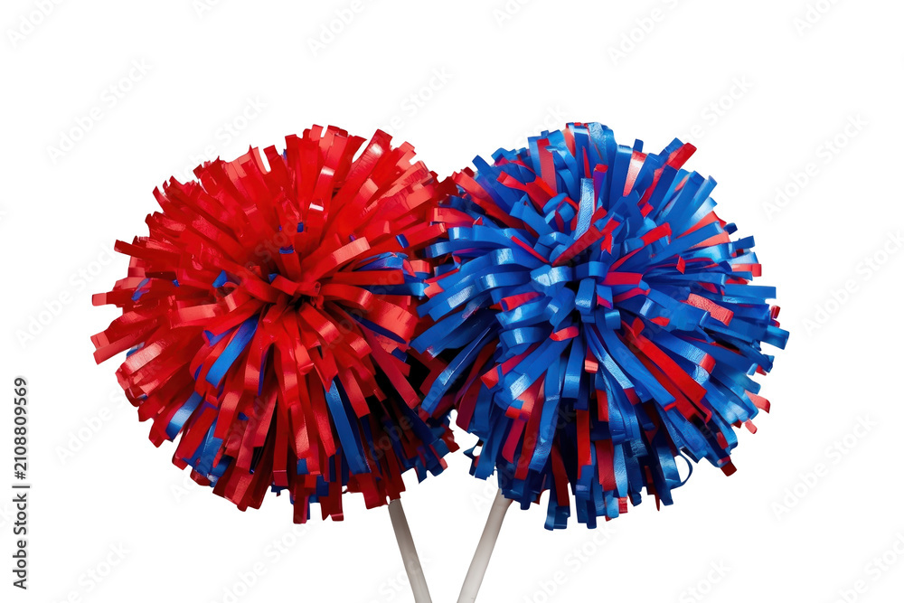 Fototapeta premium Red and blue pom poms representing team support, cheerleading, school spirit, and celebratory events