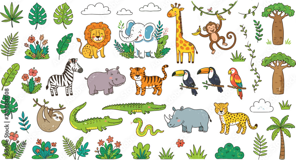 Obraz premium Cute Cartoon Safari Animals Vector Clipart Pack Featuring Lion Elephant Giraffe Monkey Zebra Tiger Hippo Rhino Crocodile And Tropical African Bush Elements
