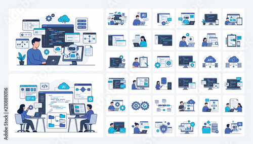 AI Programming and Software Development Flat Vector Illustration with Modern Technology Icons