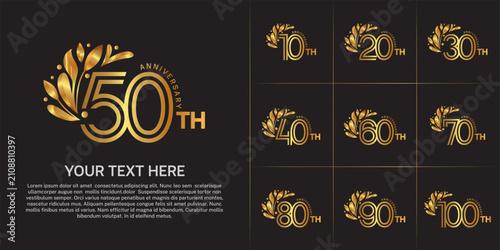 Anniversary logo type set with double line number and floral ornament. golden color for celebration event