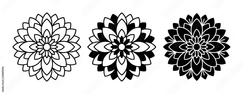 Obraz premium Floral Mandala Vector Icons, Black and White Decorative Elements, Geometric Flower Designs