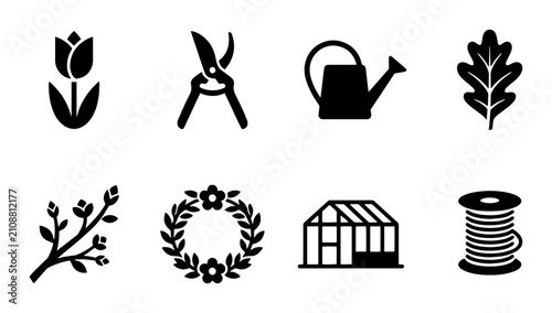Fotografie Gardening Icons Set: Tulip, Pruners, Watering Can, Oak Leaf, Branch, Wreath, Gre