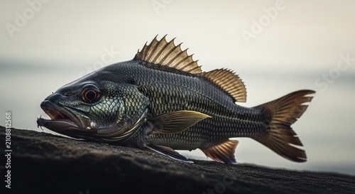 Close-up of a caught fish on a wooden surface.