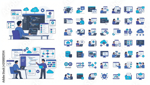 IT Professionals Building Digital Infrastructure and Coding Vector Illustration