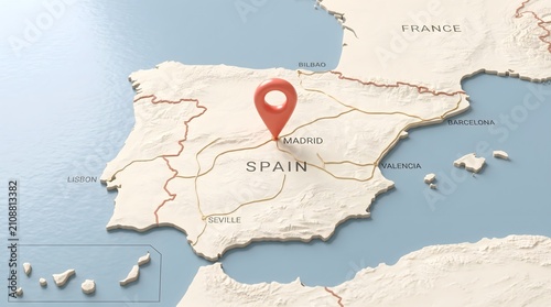 Detailed 3D Relief Map of Spain with Location Pin on Madrid