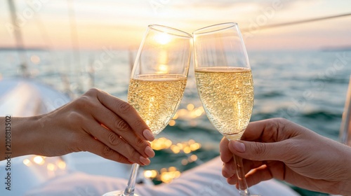 Hands toasting champagne on a yacht during sunset cruise for celebration and luxury travel experience Generative AI
