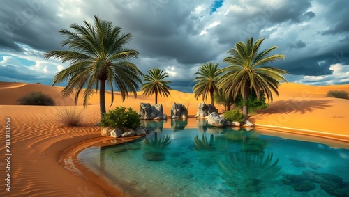 Beautiful Palm Oasis Surrounded by Golden Sand Dunes