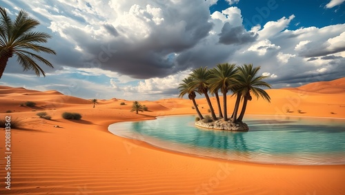 Desert Lagoon Oasis Beneath Dramatic Cloudy Sky