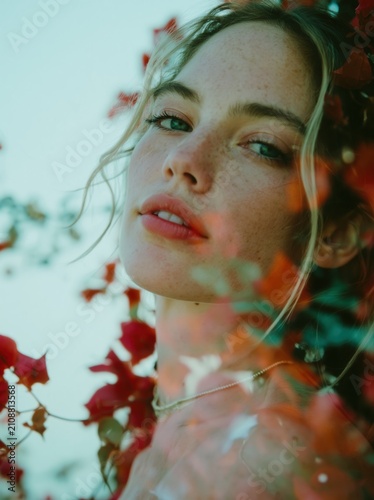 Close up portrait of a young woman with freckles and green eyes. Female model framed by red bougainvillea flowers against a light blue sky. Vertical outdoor fashion photography
