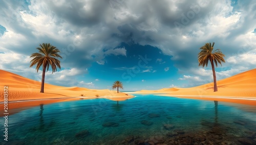 Crystal Clear Desert Oasis with Palm Reflections