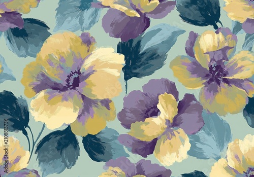 Seamless painterly floral pattern with yellow and purple flowers. Impressionistic brushstroke design with dark blue leaves on sage green background. Repeating artistic wallpaper