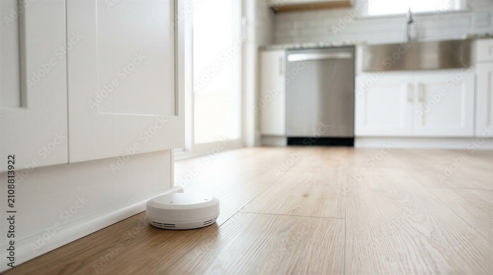 Fototapeta premium Smart Home Cleaning Concept, White Robotic Vacuum Cleaner on Bright Modern Kitchen Floor