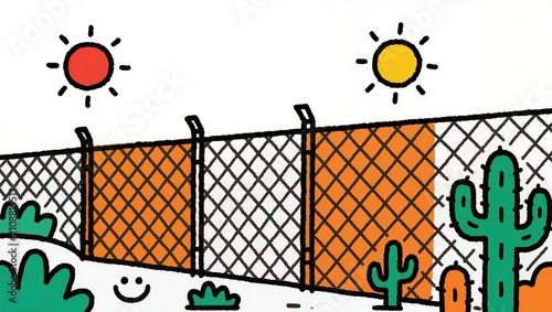 Doodle illustration of a desert landscape with a chain link fence and cacti. Hand drawn cartoon with two suns and a smiley face. Minimalist border concept