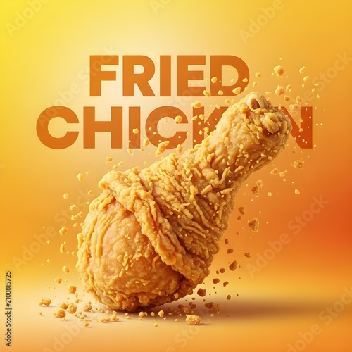Crispy Fried Chicken Drumstick Advertising Poster with Golden Crunchy Coating and Flying Crumbs on Yellow Background for Fast Food Menu and Restaurant Promotion