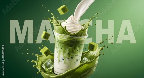 Matcha Latte Advertising Banner with Cream Pour, Green Tea Powder, Ice Cubes and Dynamic Liquid Splash on Green Background for Cafe Menu, Beverage Promotion and Social Media Marketing