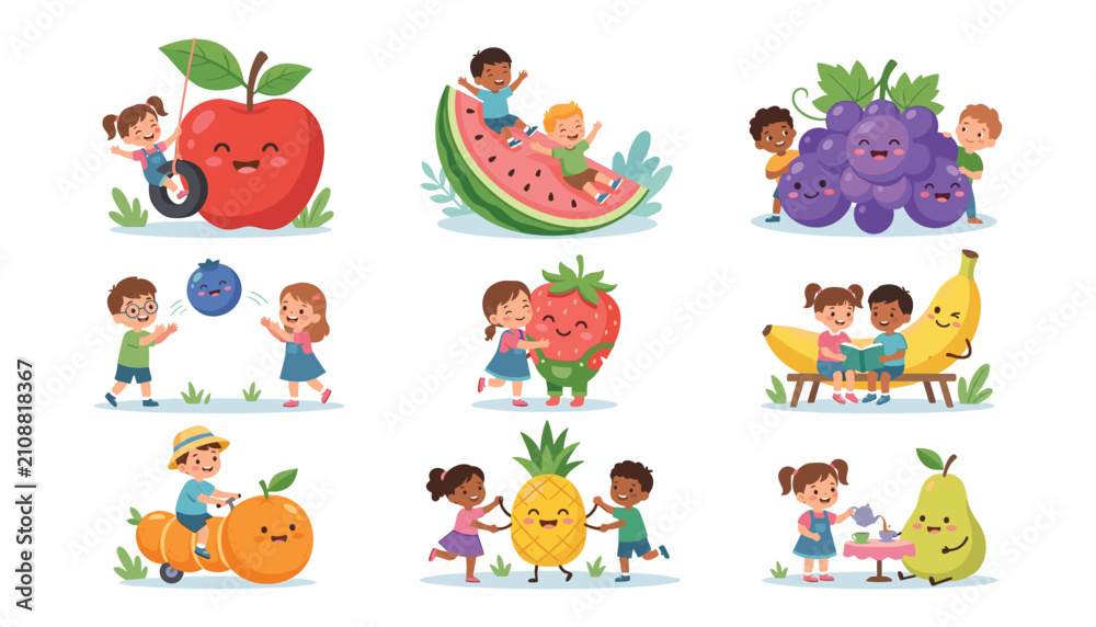 Obraz premium Cute kids and fruit vector character illustration set with happy children playing with apple watermelon strawberry banana orange and grapes