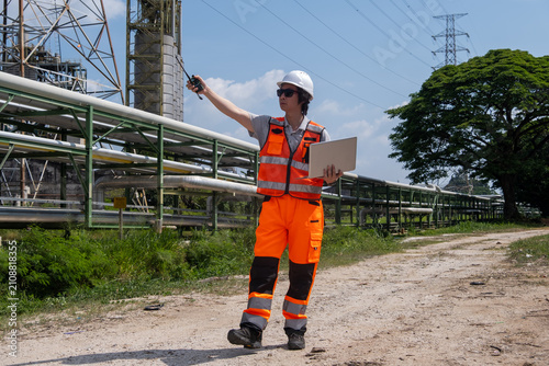 Canvastavla Worker monitors equipment at industrial site with tools in hand during bright da